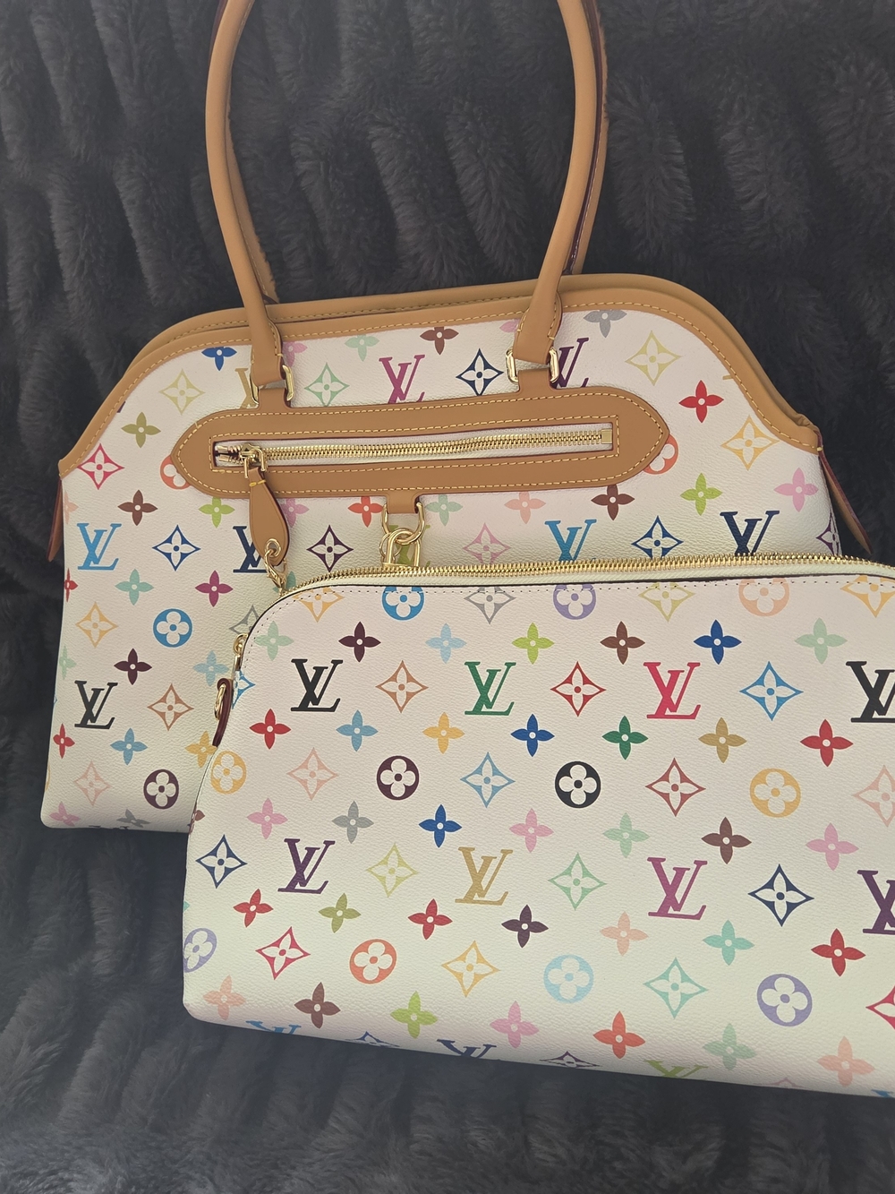 2 In 1 Multicolor White Canvas Large Shoulder Bag And Pouch - Picture 4 of 13